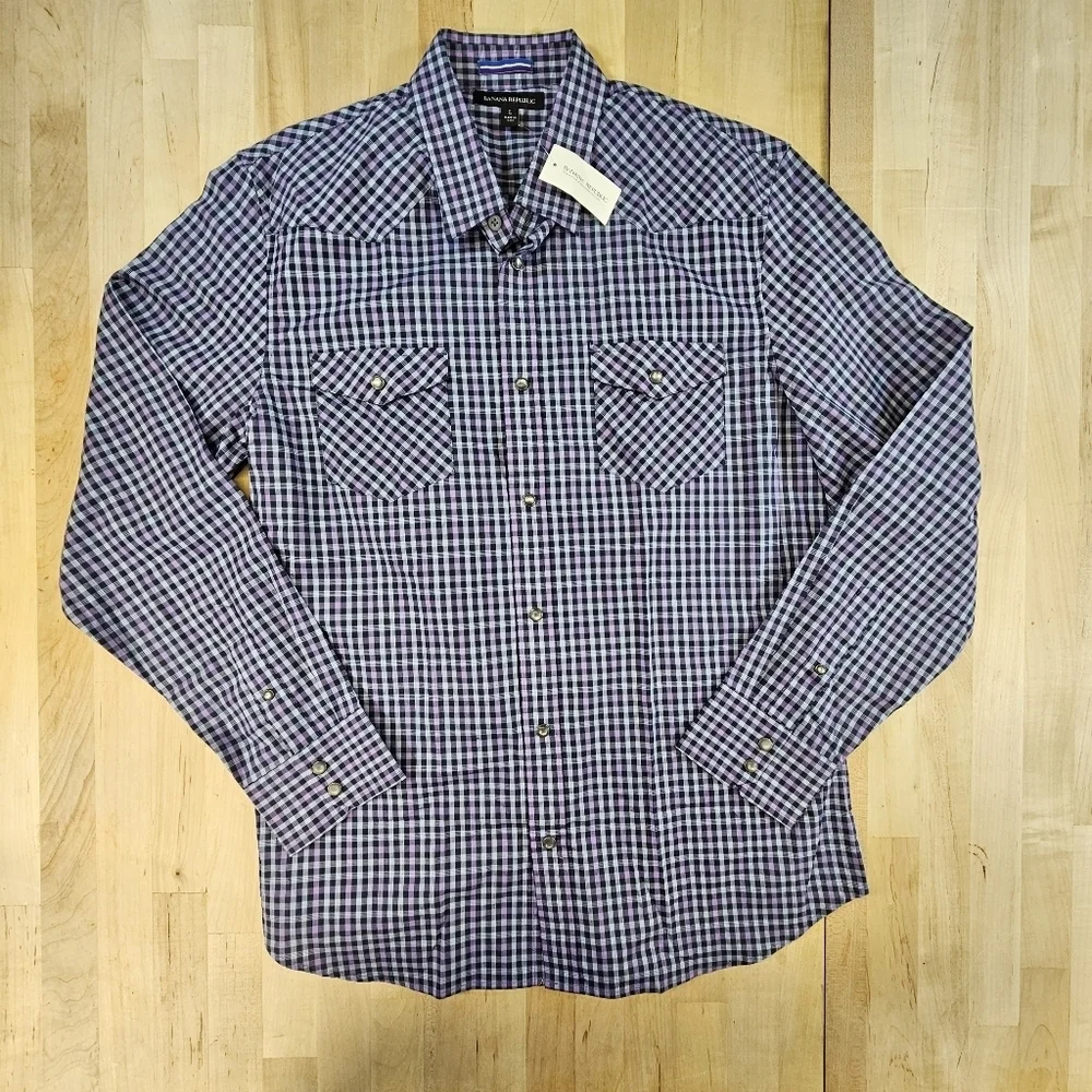 Banana Republic Mens L Pearl Snap Urban Cowboy Western Style Double Pocket Shirt